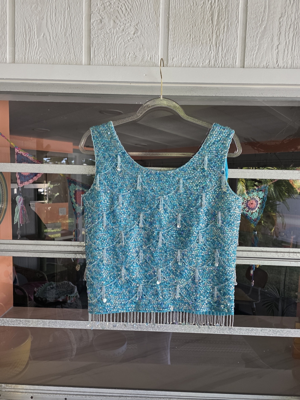 Vintage 70s Fairy Mermaid Turquoise Beaded Tassel Tank Top Size 36 Small? - Picture 2 of 16